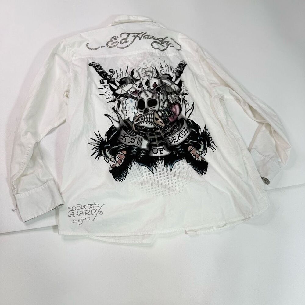 Ed Hardy Shirt Mens XXL 2X White Kiss of Death Button Down Skull Crosses y2k